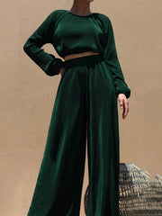 Round Neck Crop Tops Wide Leg Pants Two Piece Set