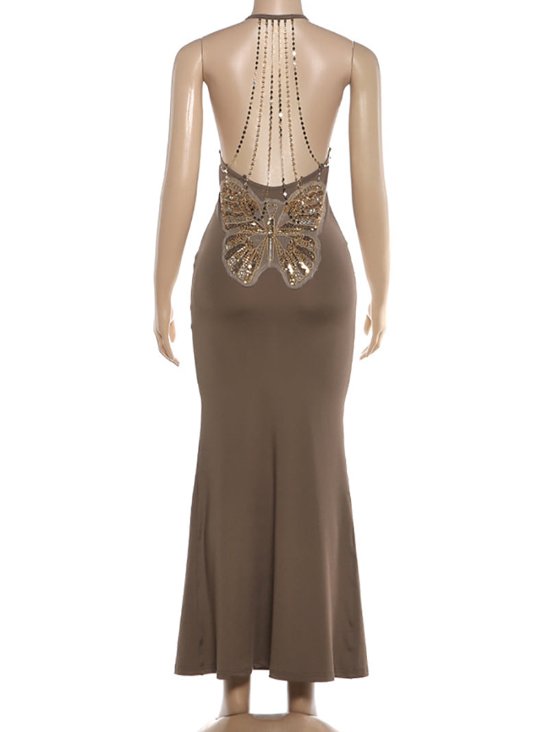 Sexy V-neck Open Back Chain Butterfly Maxi Dress