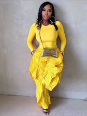 Fitted Top and Ruffle Trim Wide Leg Pants Set