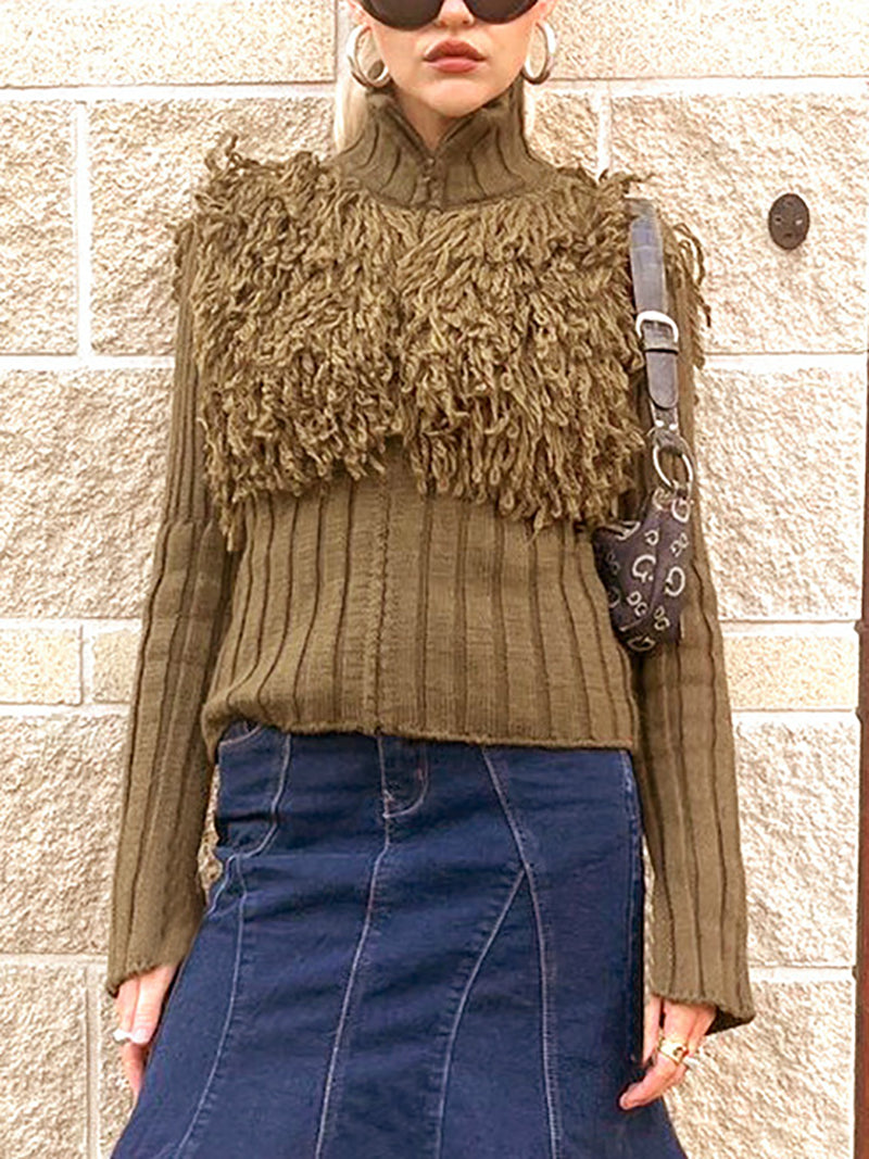 Fashion Fringe Trim Knit Cardigan Sweater