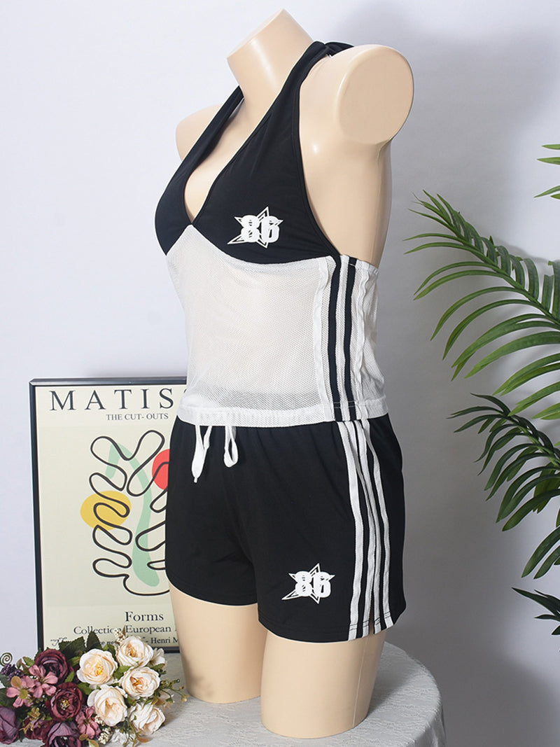Casual Print Mesh Patchwork Sleeveless Vest Shorts Sets