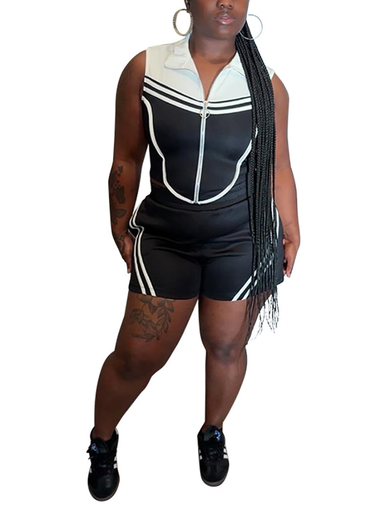 Casual Stripe Patchwork Sleeveless Shorts Two Piece Set