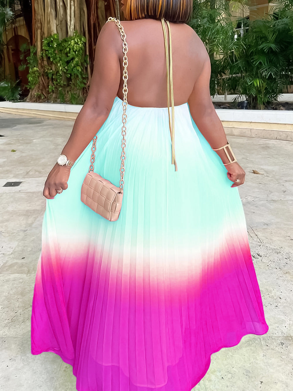 Sexy Gradient Color Halter Pleated Loose Dress