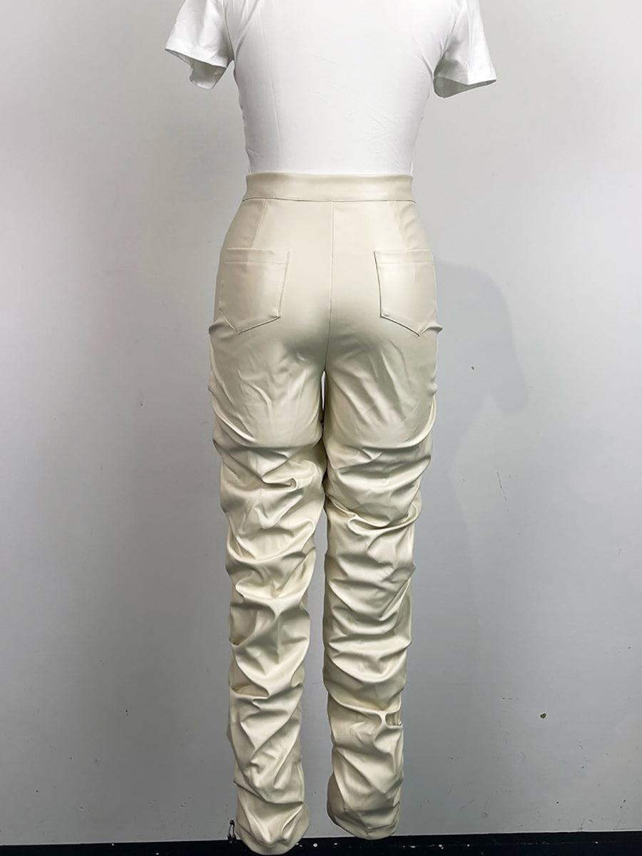 Casual PU Leather Ruched Pants