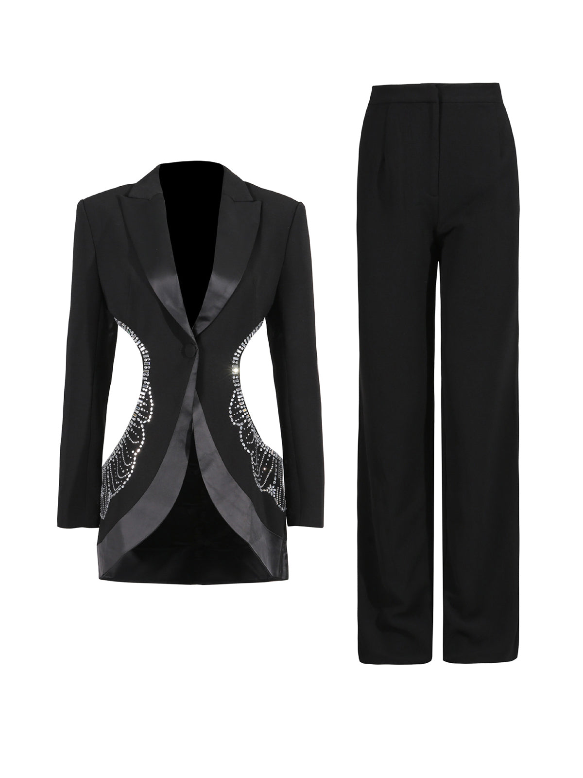Rhinestone Hollow Out Blazer and Straight Pants Suit