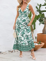 Retro V Neck Flower Print Dress