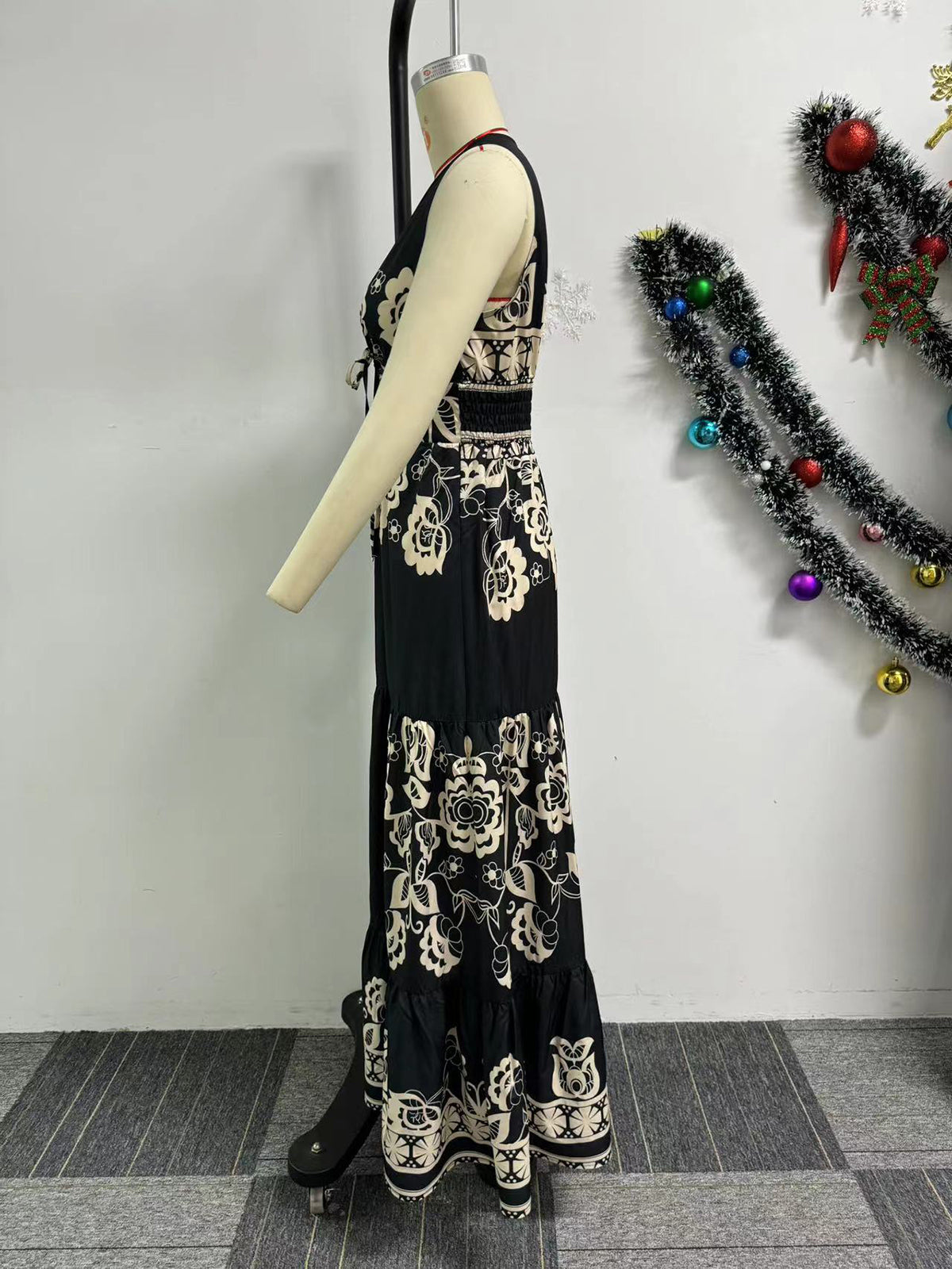 Print Patchwork Tie Up Hollow Out Sleeveless Maxi Dress