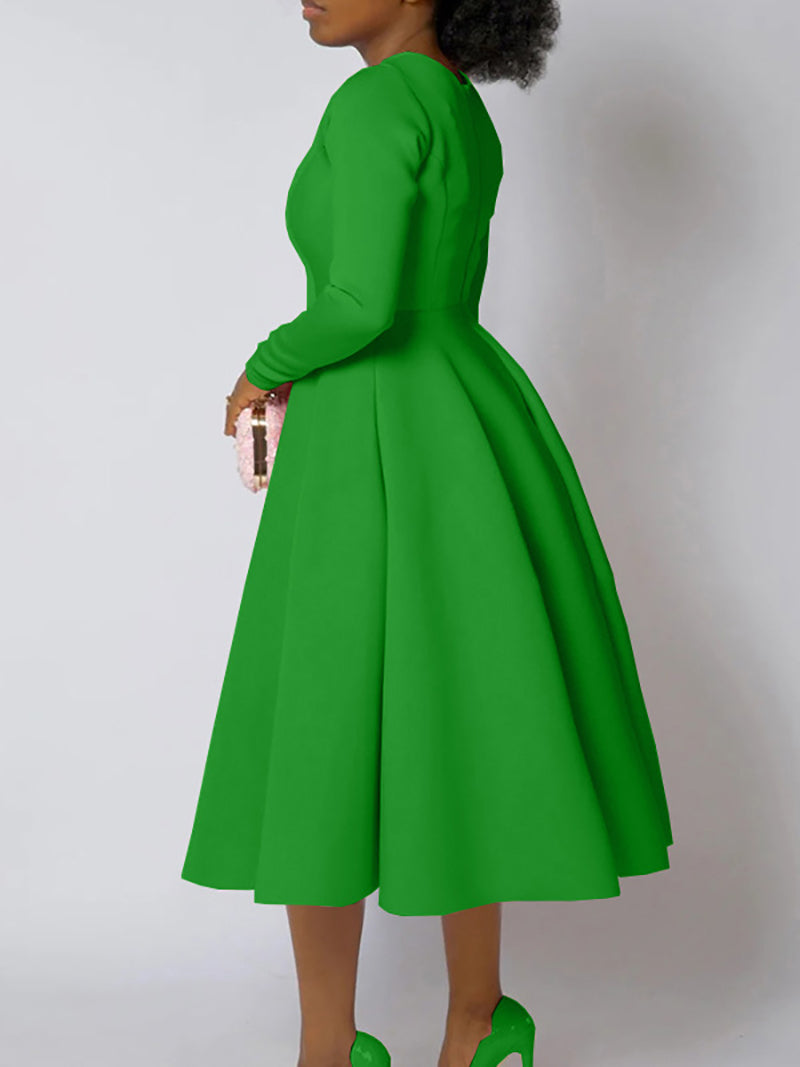 Elegant Round Collar Cinched Waist A-Line Dress