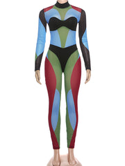 Sexy Contrast Color See Through Stretch Tight Jumpsuit