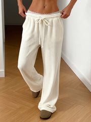 Lace Patchwork Drawstring Corduroy Straight Pants