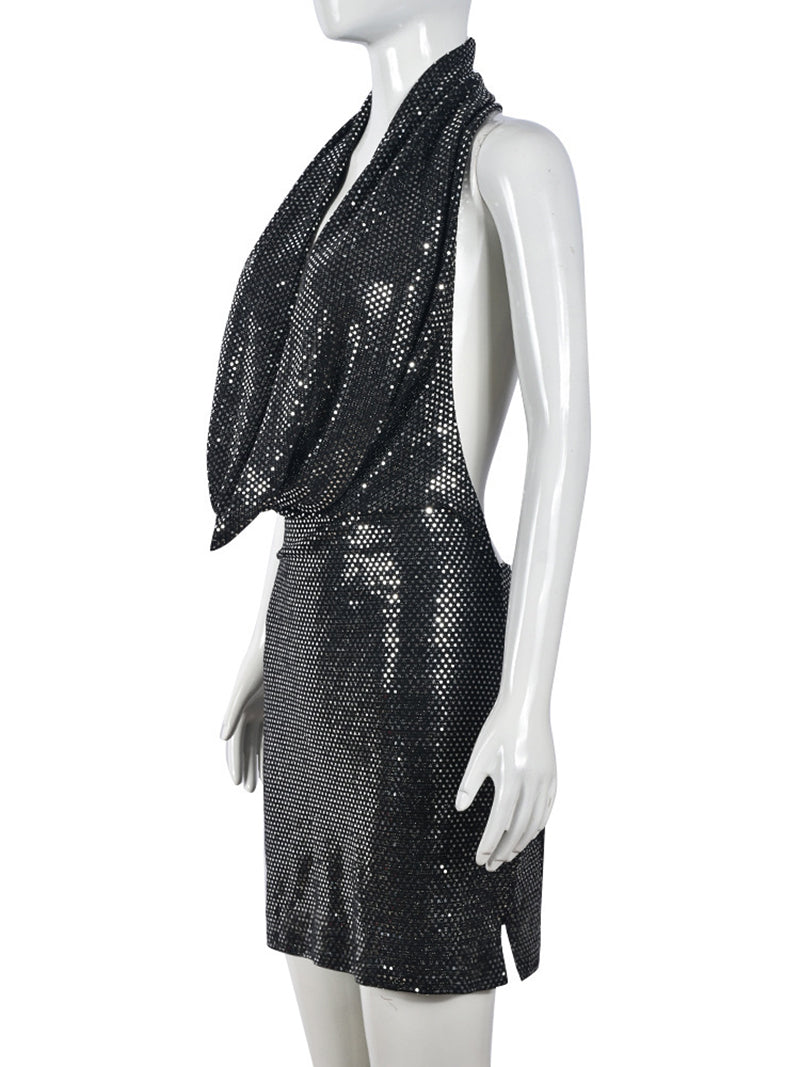 Nightclub Style Sequins Hooded Backless Mini Dress