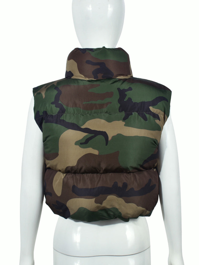 Casual Camouflage Print Patchwork Puffer Vest