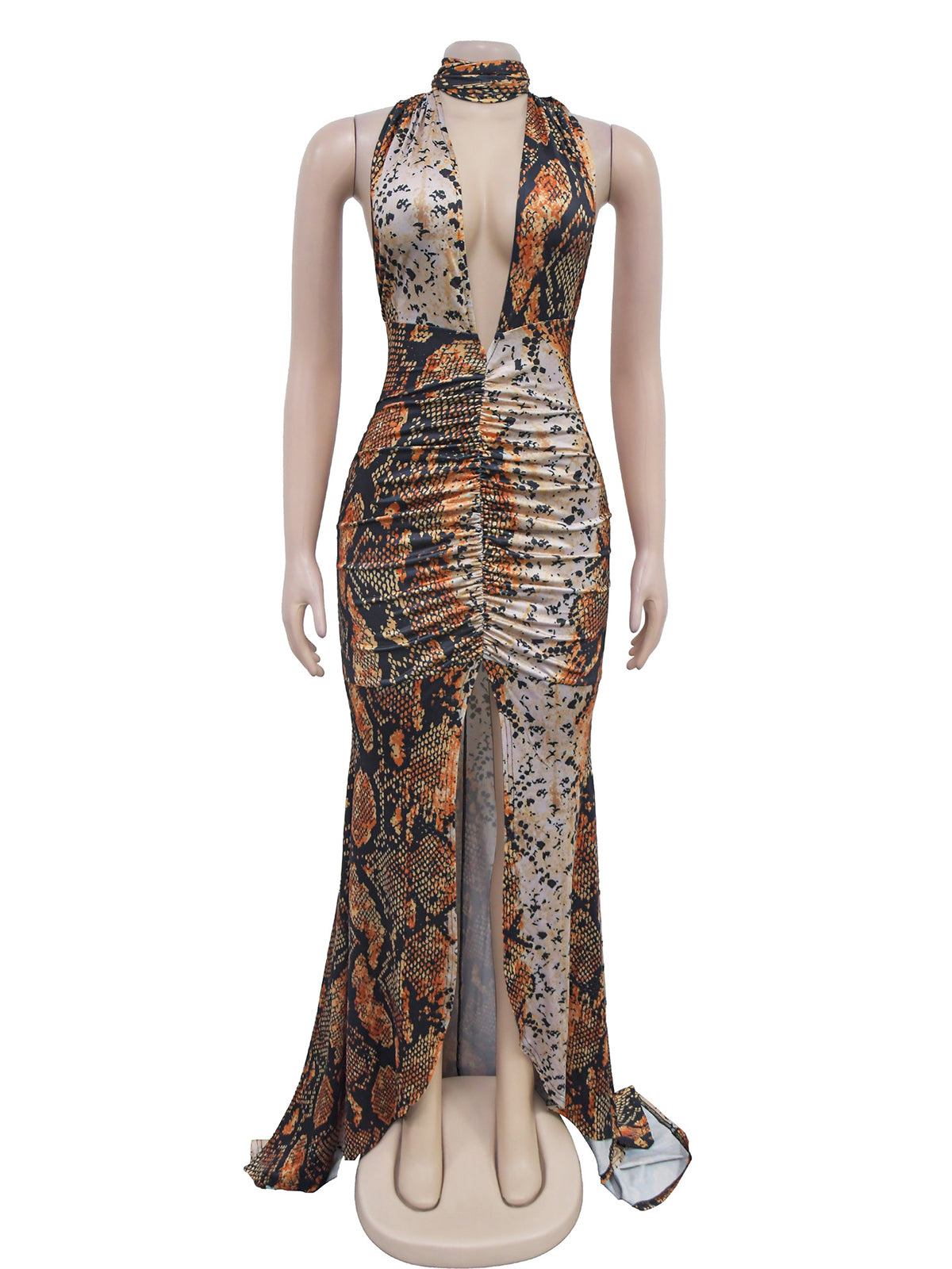 Python Print Deep V Neck Backless Split Hem Long Dress