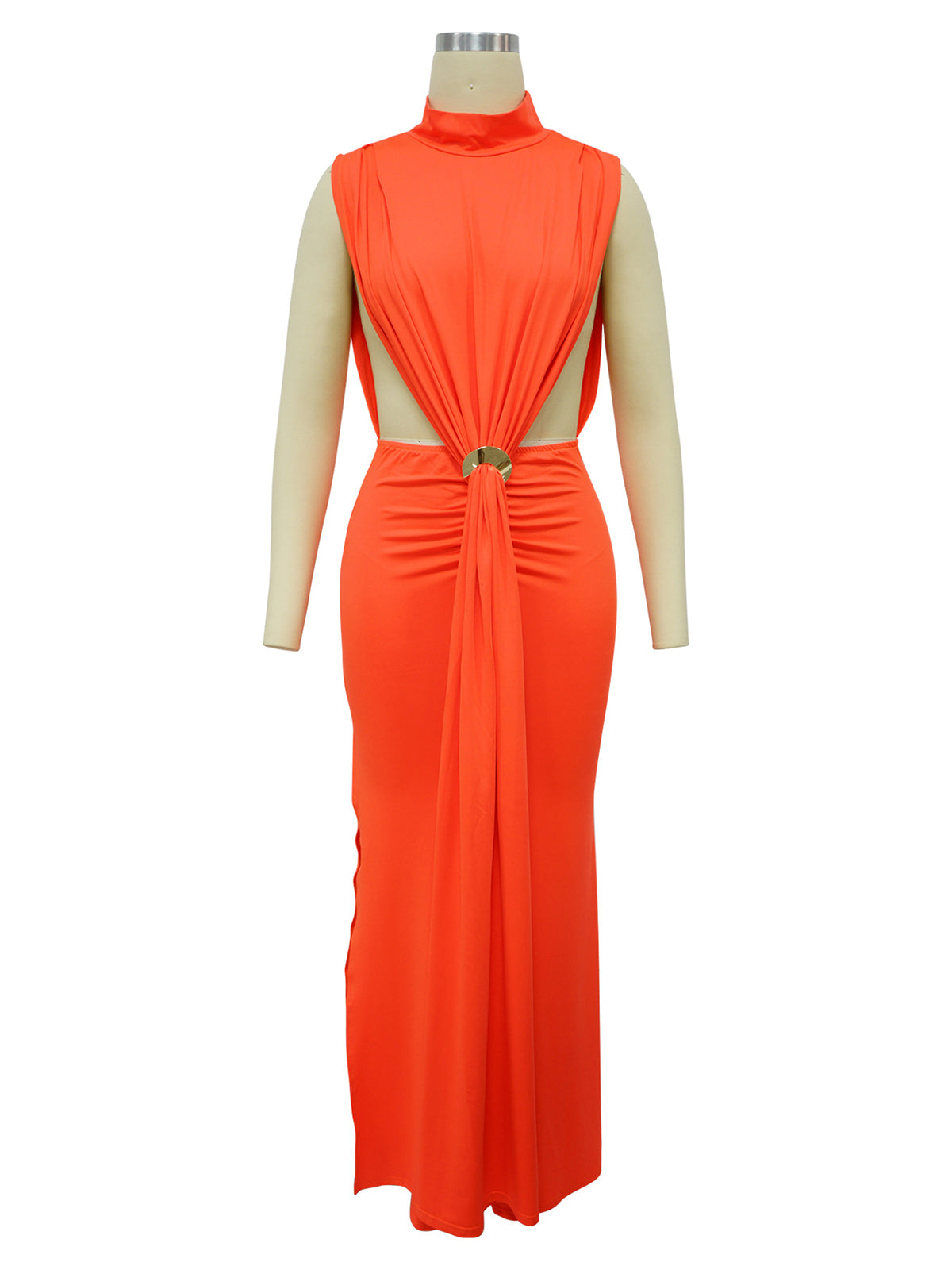 O-neck Split Ruched Stacked Bodycon Maxi Dress