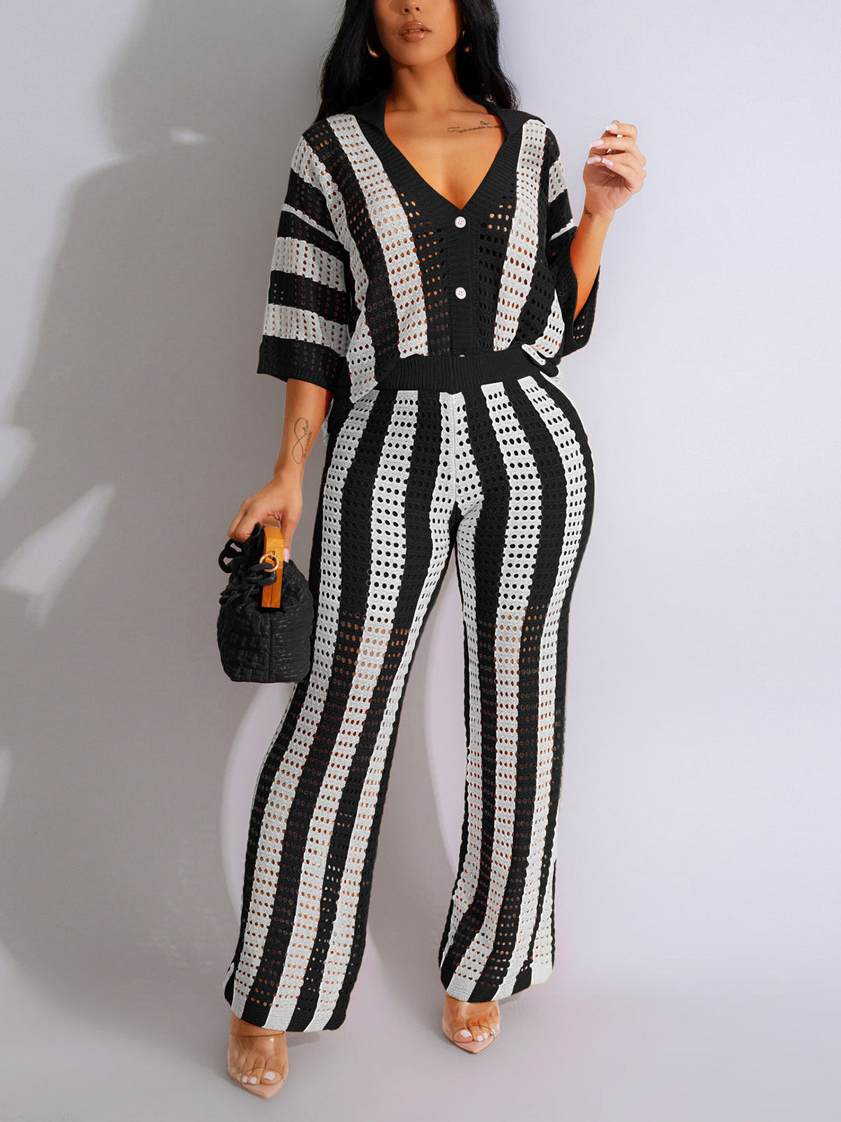 Newest V Neck Hollow out Stripe Knit Two-piece Set