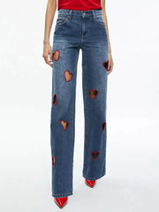 Fashion Embroidered Heart Cutout Jean