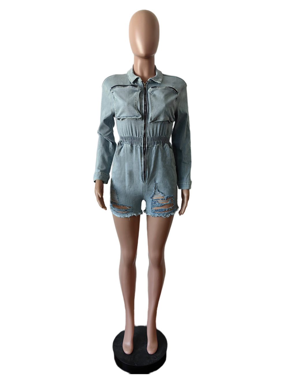 Zip-Front Washed Elastic Denim Romper