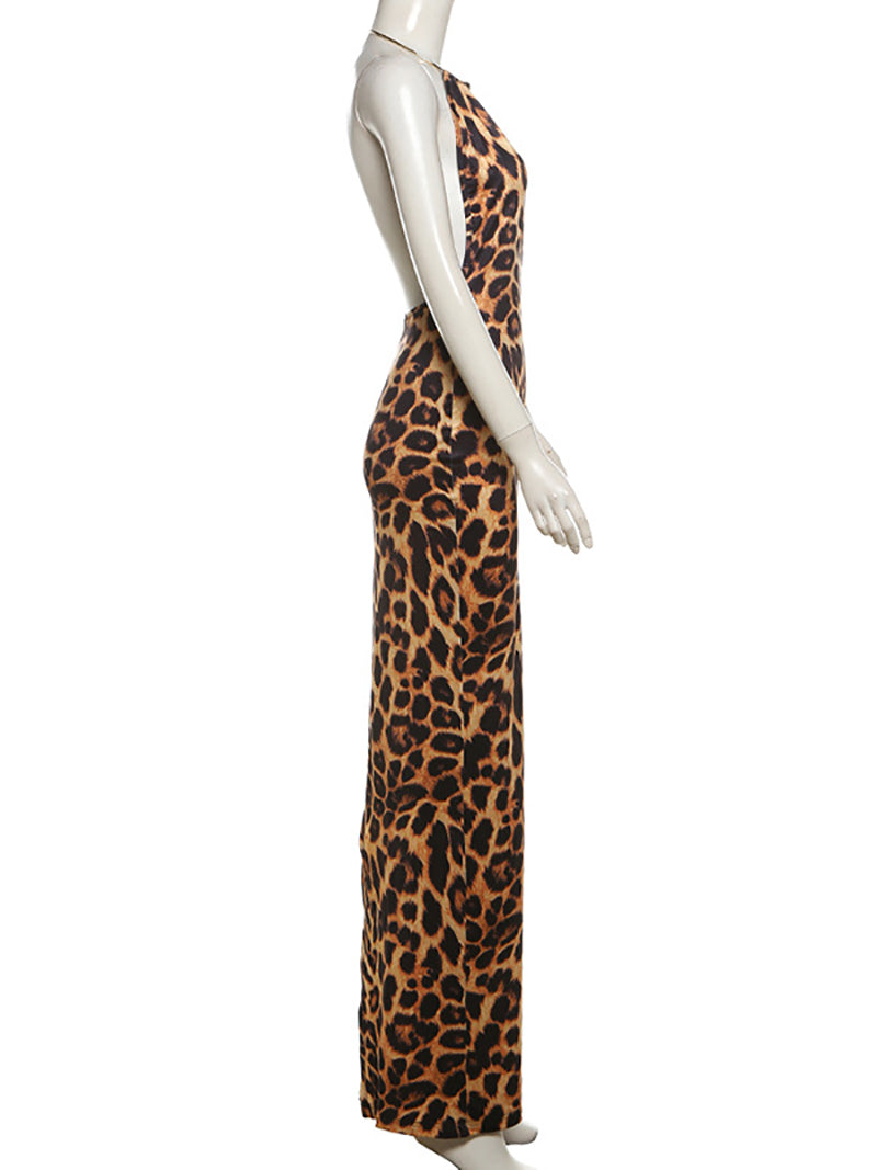 Leopard Halter Deep V Neck Backless Maxi Dress