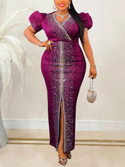 V Neck Rhinestone Puff Sleeves Bodycon Slit Dress