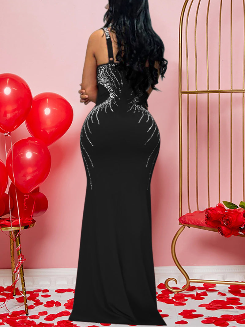 Sexy Rhinestones V Neck Sleeveless Maxi Dress