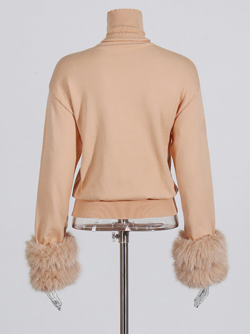 Fashion Turtlenecks Fur Cuffs Knit Sweater