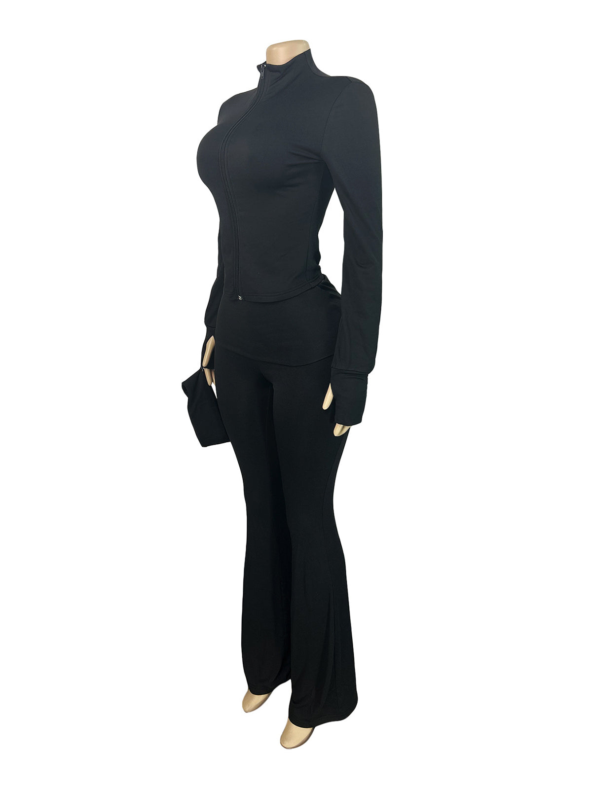 Zip Cardigan Top and Flared Pants Sports Set