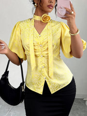 Fashion V Neck Puff Sleeve Ruched Shirt