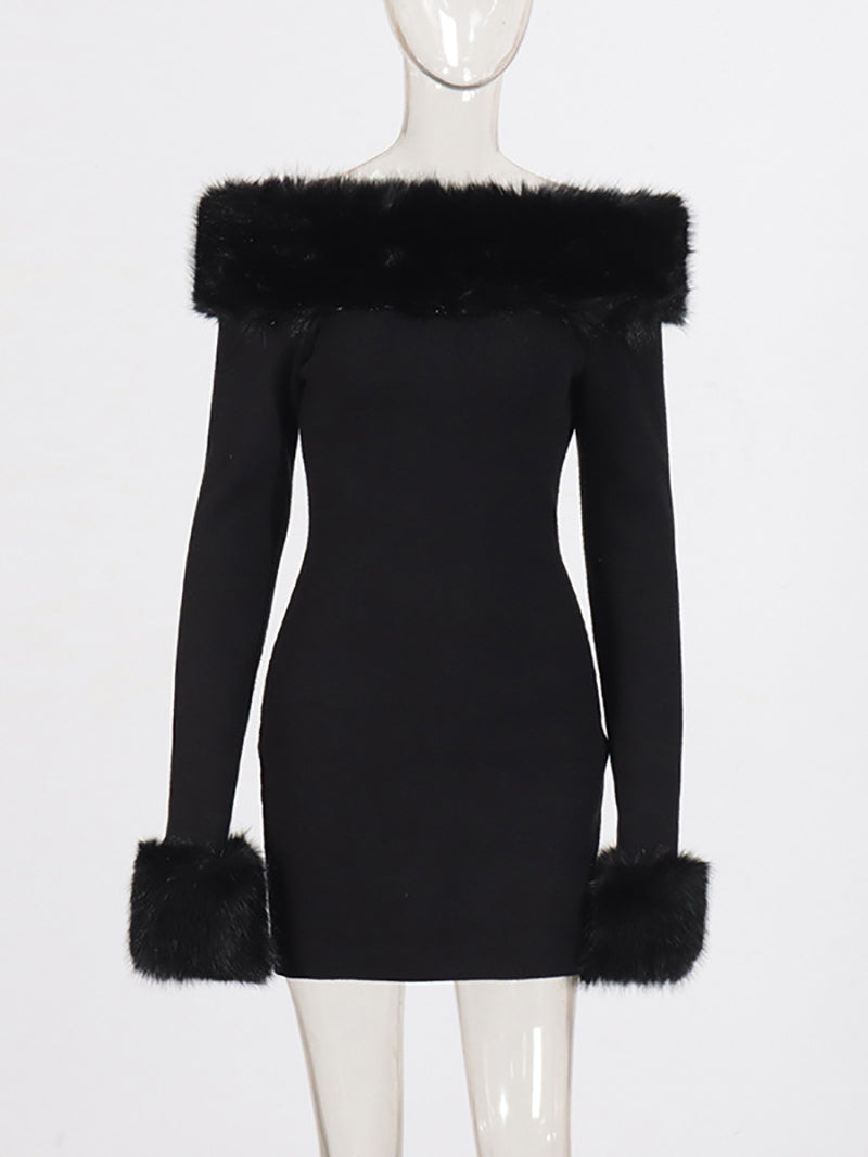 Off Shoulder Furry Trim Slim Mini Dress