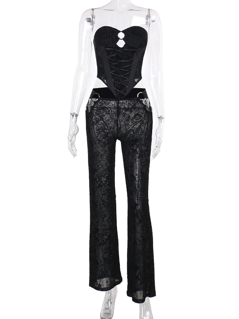 Sexy Flocking Strapless Top Skinny Pants Set