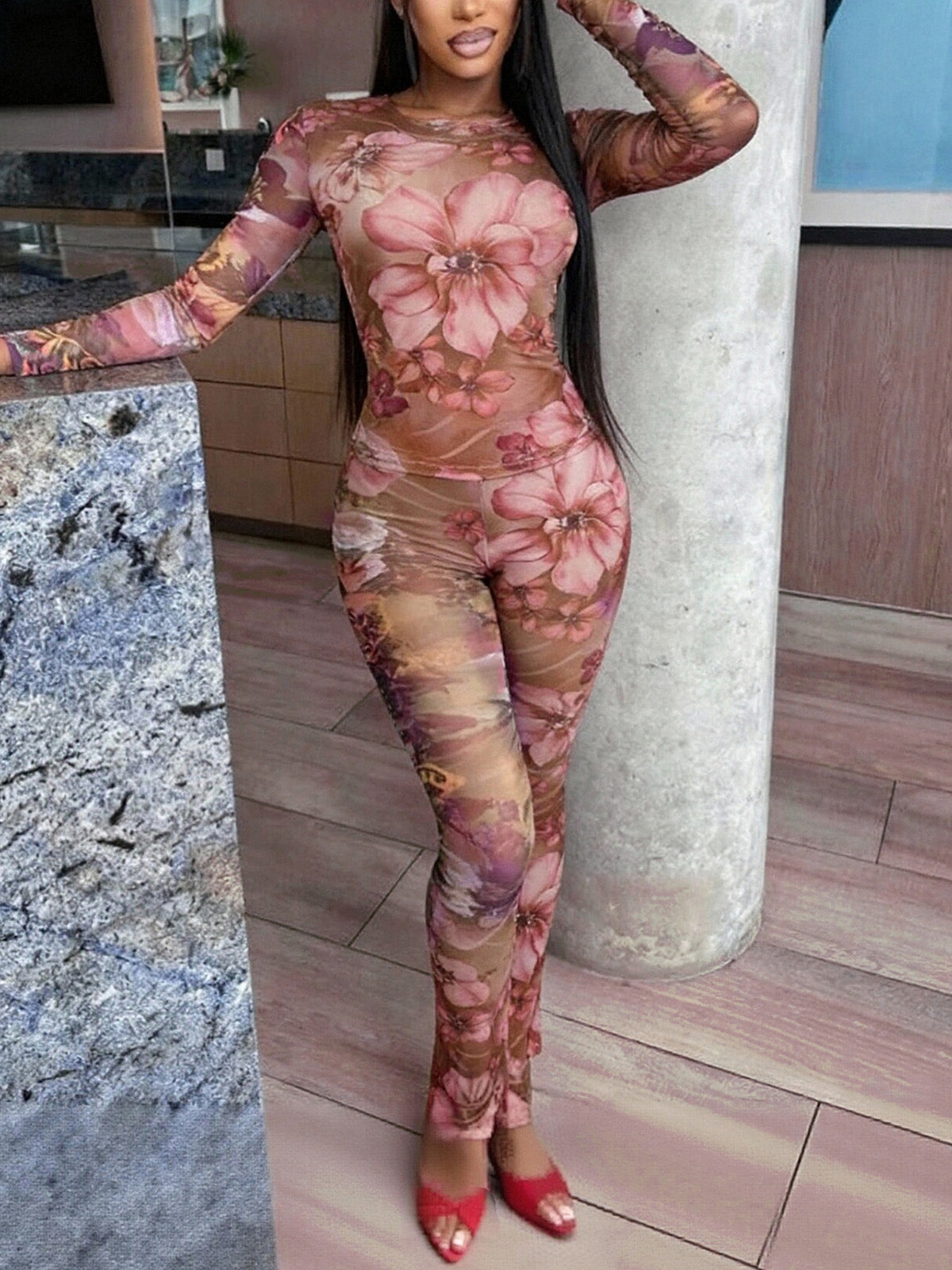 Sexy Print See-Through O Neck Tight Two Piece Set