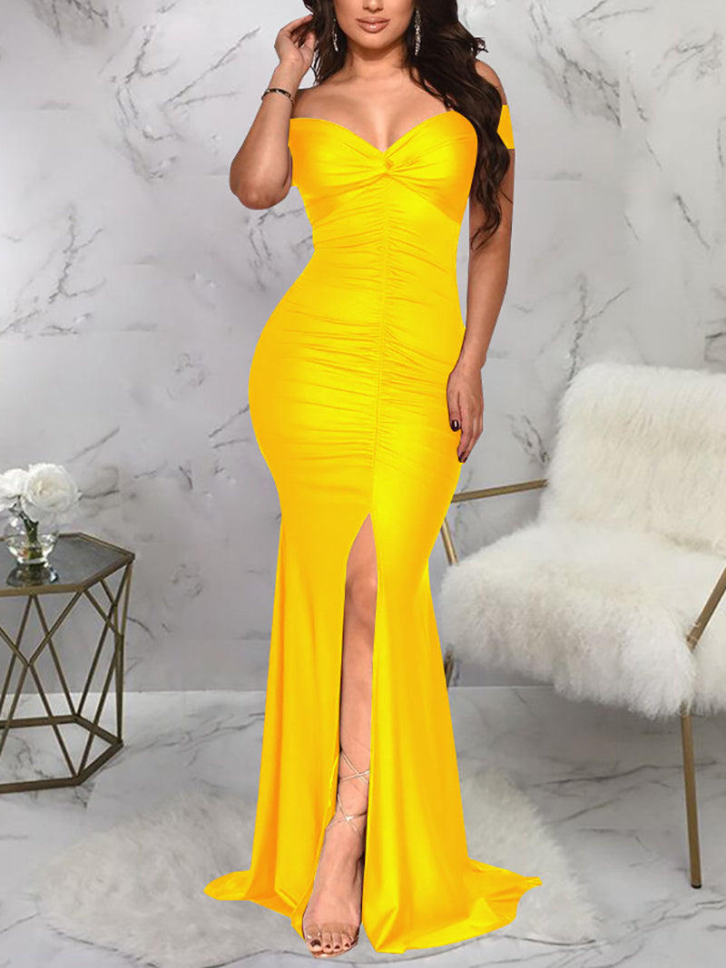 Sexy Off Shoulder Split Ruched Mermaid Maxi Dress