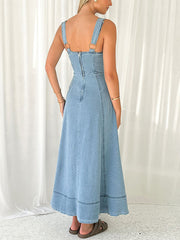 Denim Suspender Button-Down Casual Midi Dress