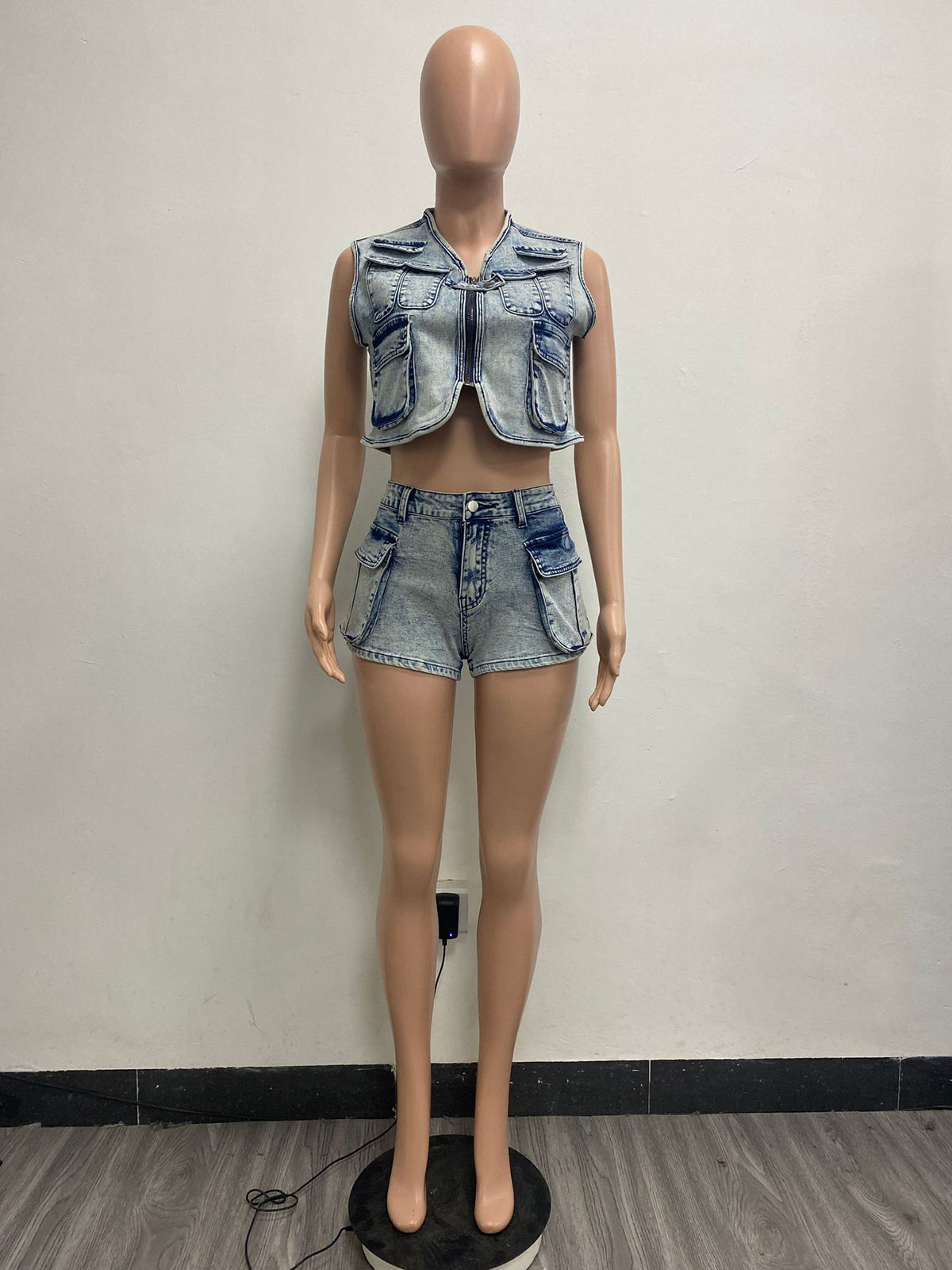 Fashion Multi Pocket Denim Vest And Shorts Sets