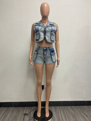 Fashion Multi Pocket Denim Vest And Shorts Sets