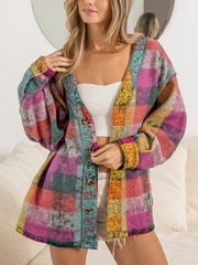 Casual V Neck Multicolor Plaid Button Cardigan