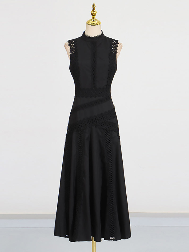 Elegant Lace Patchwork Sleeveless Midi Dress