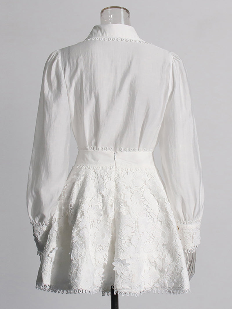Fashion Lace Trim Collar Button A-Line Skirt Sets
