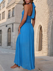 Fashion Ruched Halter Backless Slit Maxi Dress
