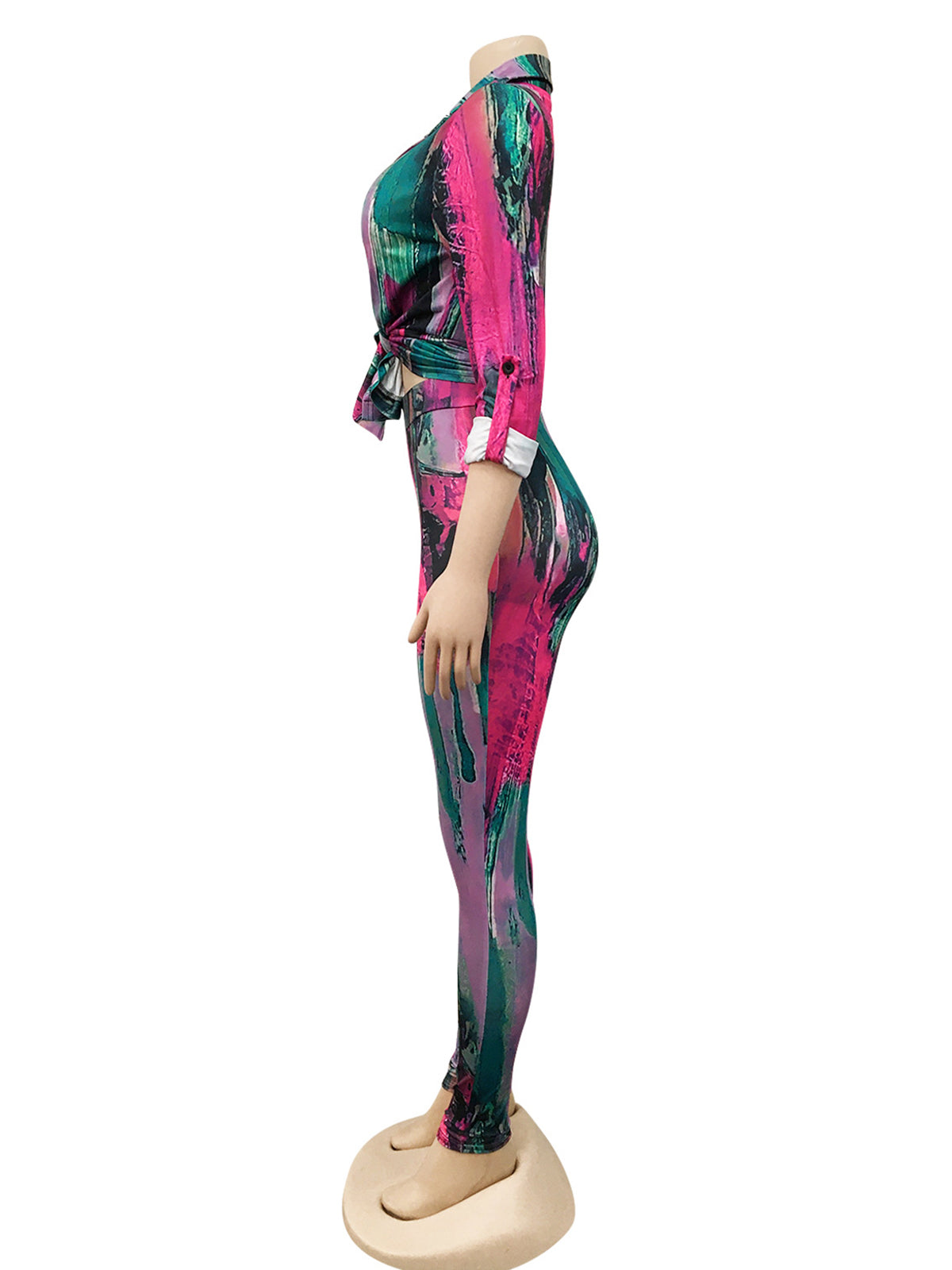 Print Turn-Down Collar Shirt Skinny Pants Two Piece Set