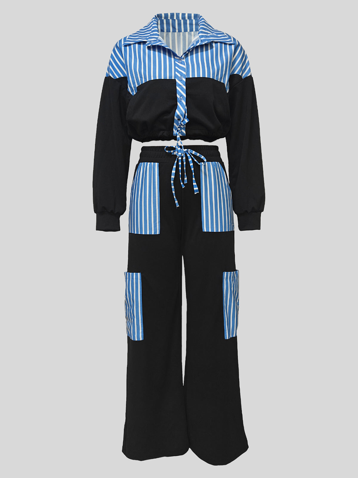 Striped Patchwork Cropped Shirt Straight Pants Set