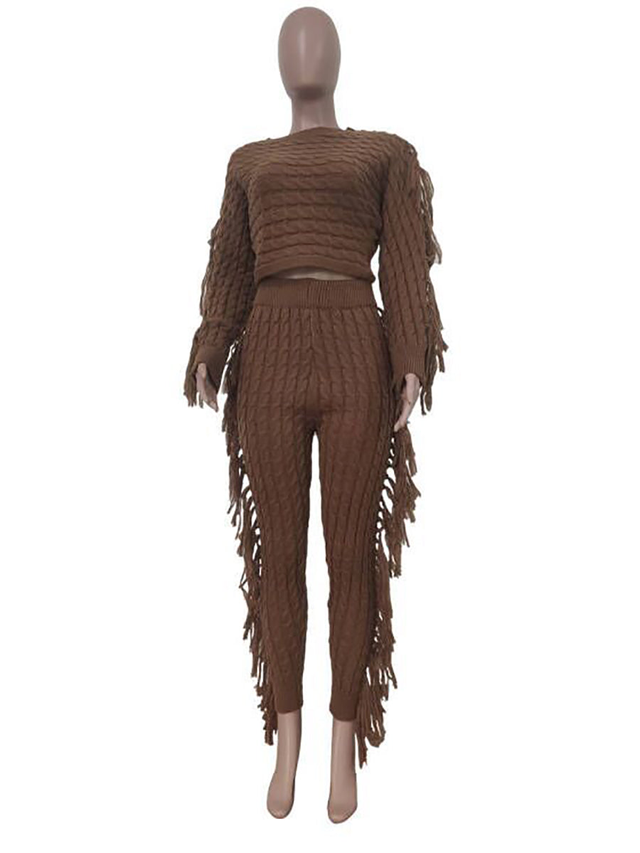 Fashion Knit Tassels High Waist Trousers Sets
