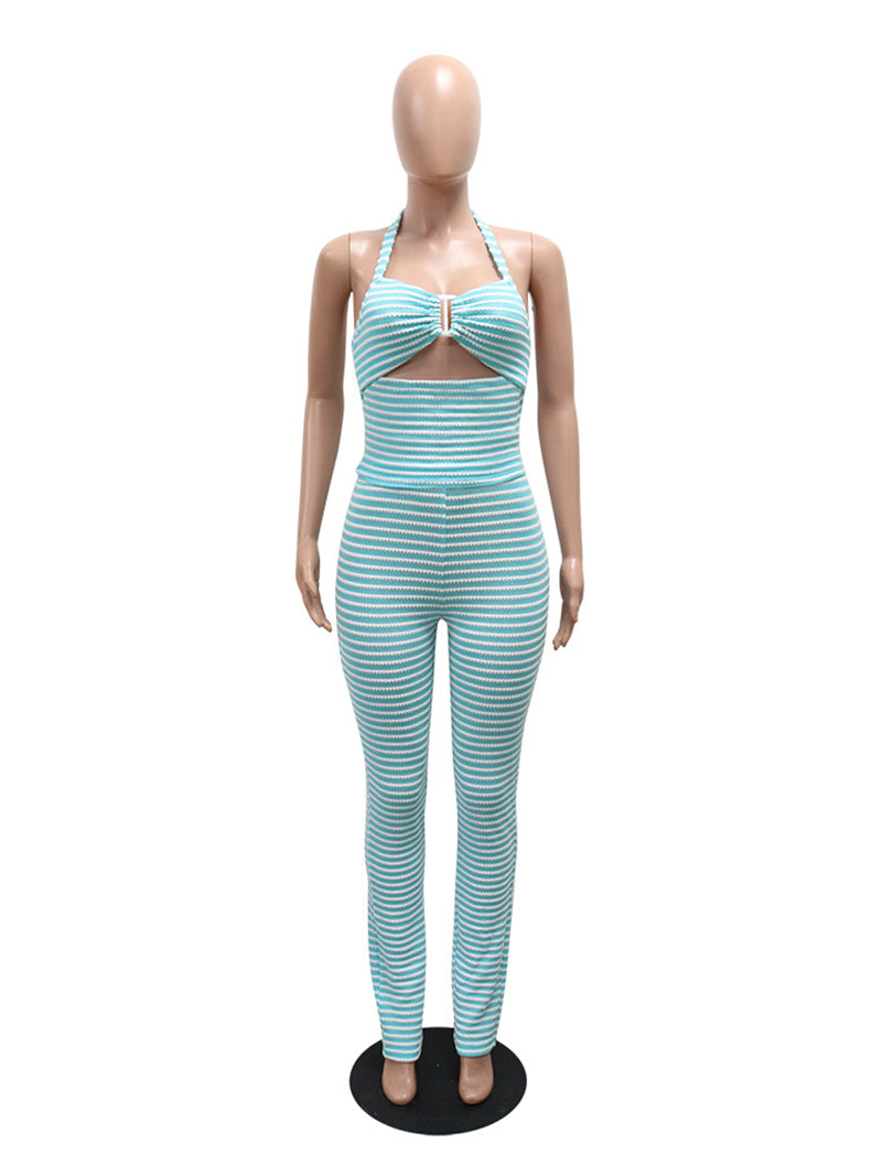 Casual Halter Cut Out Stripe Sleeveless Pants Sets