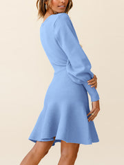 Solid Round Neck Lantern Sleeve Sweater Dress