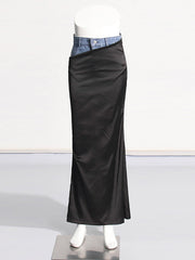 High Waist Denim Patchwork Satin Maxi Slip Skirt