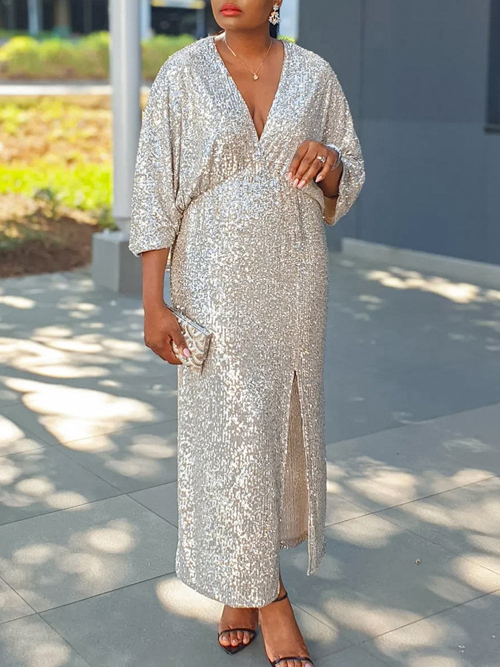 Sexy Sequin V Neck Cocktail Party Split Maxi Dress