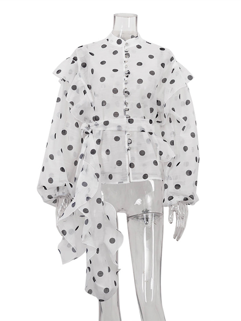 Elegant Ruffled Lace-up Stand Collar Polka Dot Shirt
