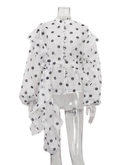 Elegant Ruffled Lace-up Stand Collar Polka Dot Shirt