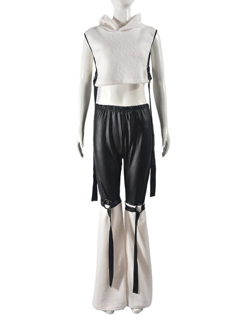 Fashion Hooded Sleeveless Tops PU Leather Pants Set