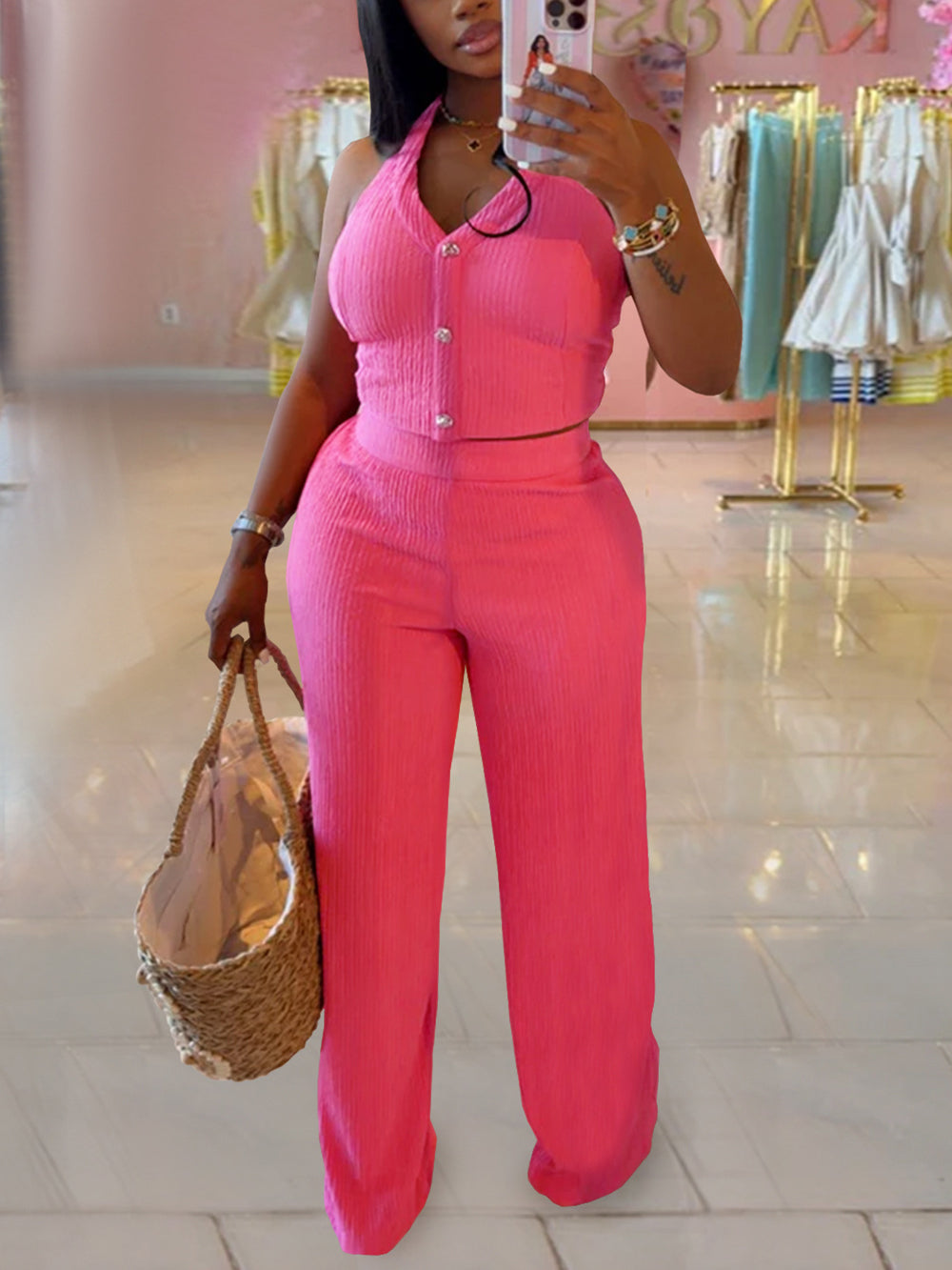 Casual Halter Sleeveless Bandage Trousers Two Piece Set