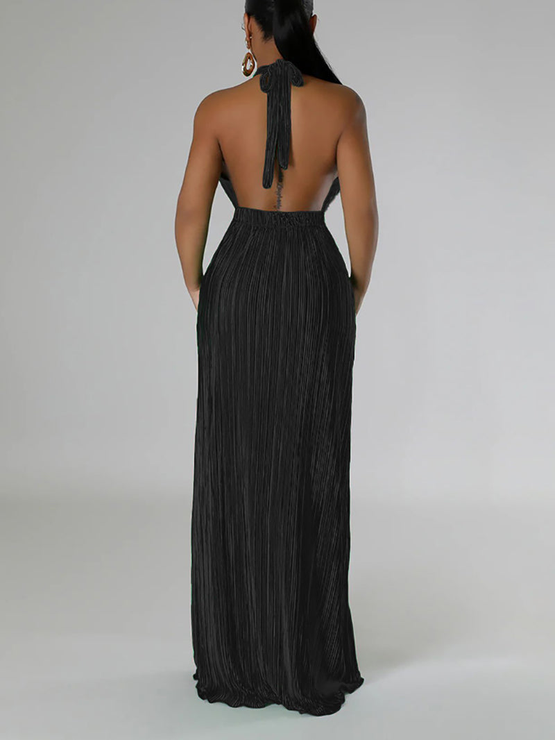 Elegant Halter Neck Sleeveless Backless Pleated Dress